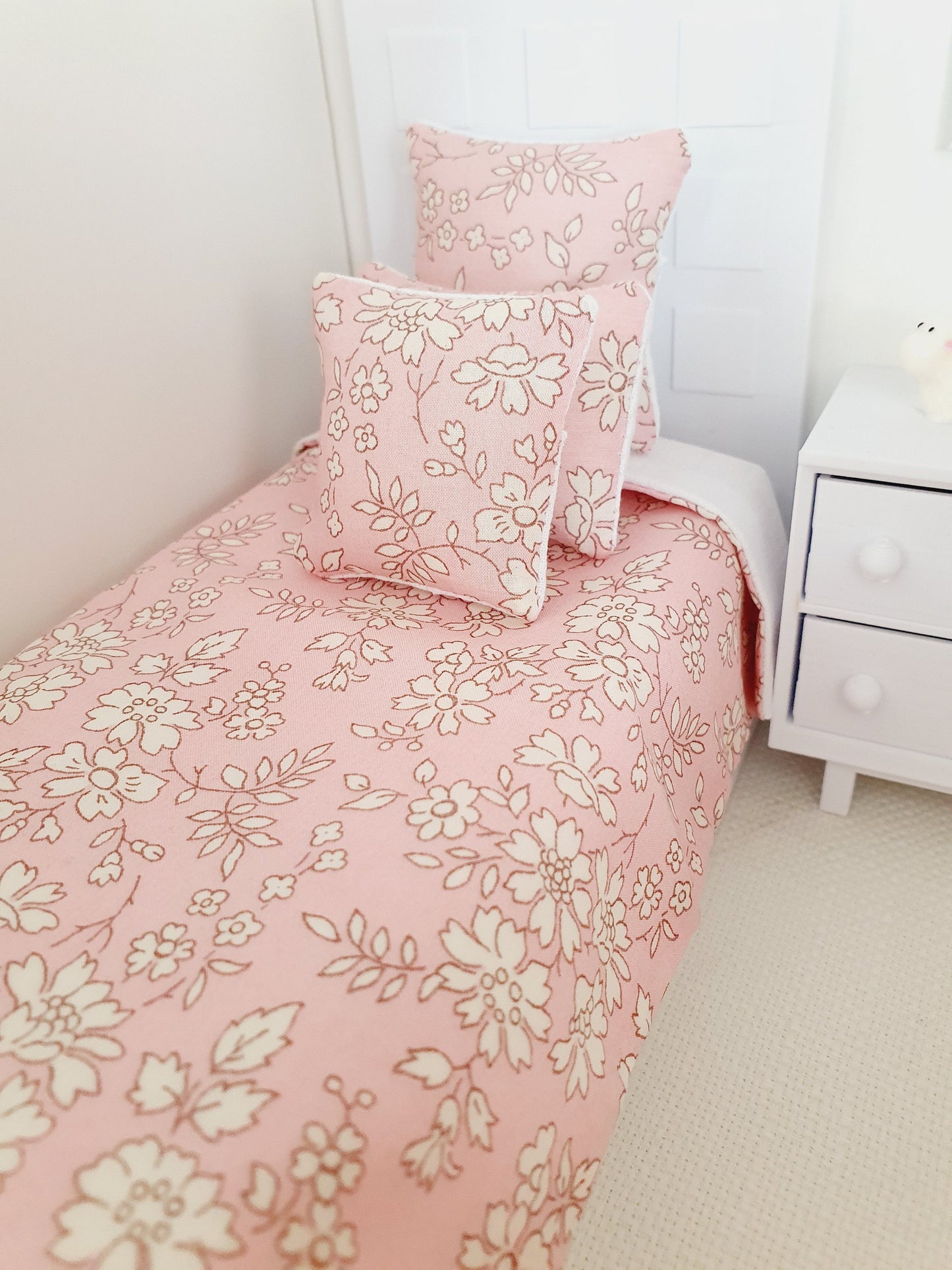 Dolls House Junior Bedding Set – Liberty Capel Pink, Handmade in England, 1:12 Scale