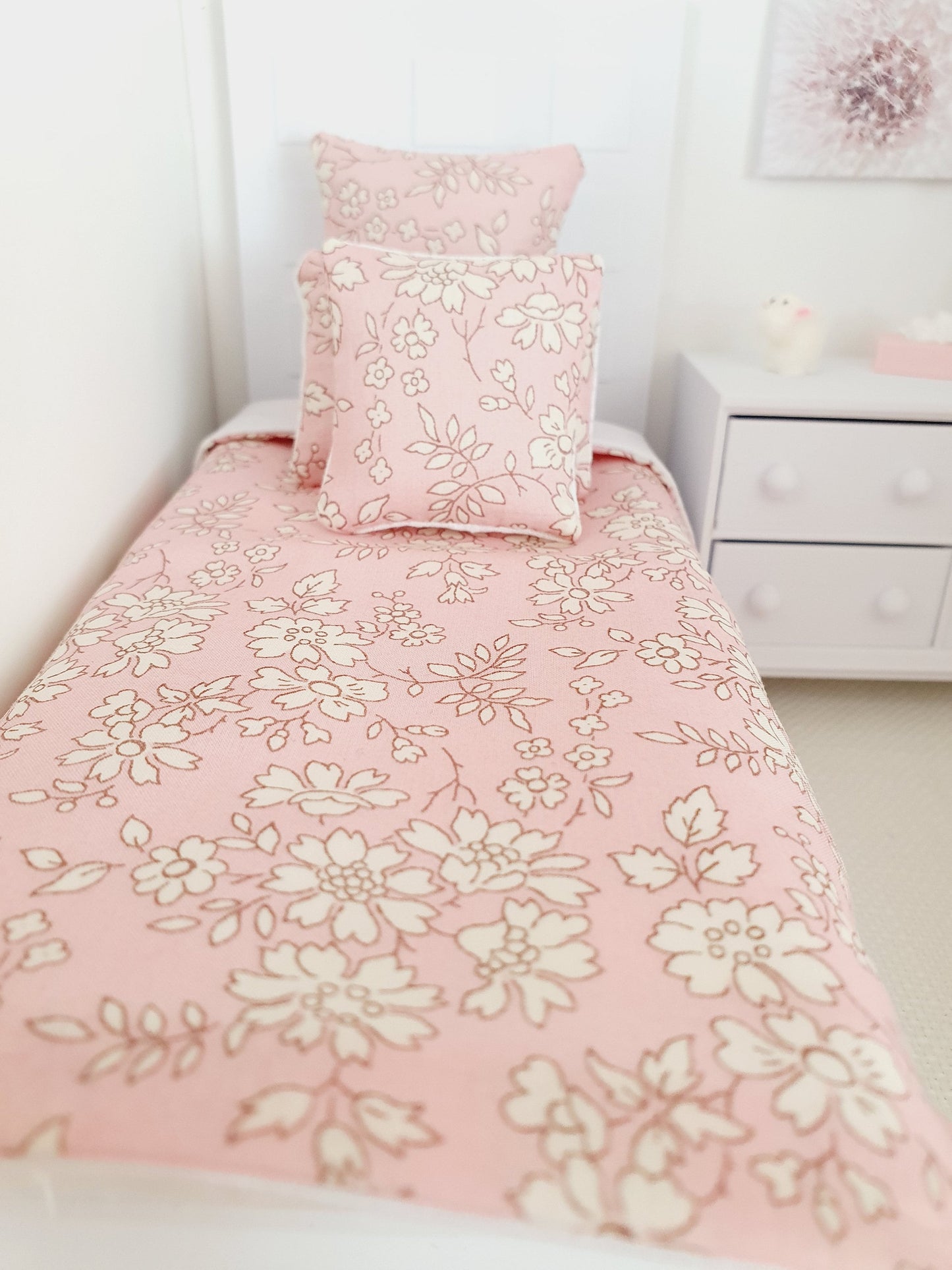 Dolls House Junior Bedding Set – Liberty Capel Pink, Handmade in England, 1:12 Scale