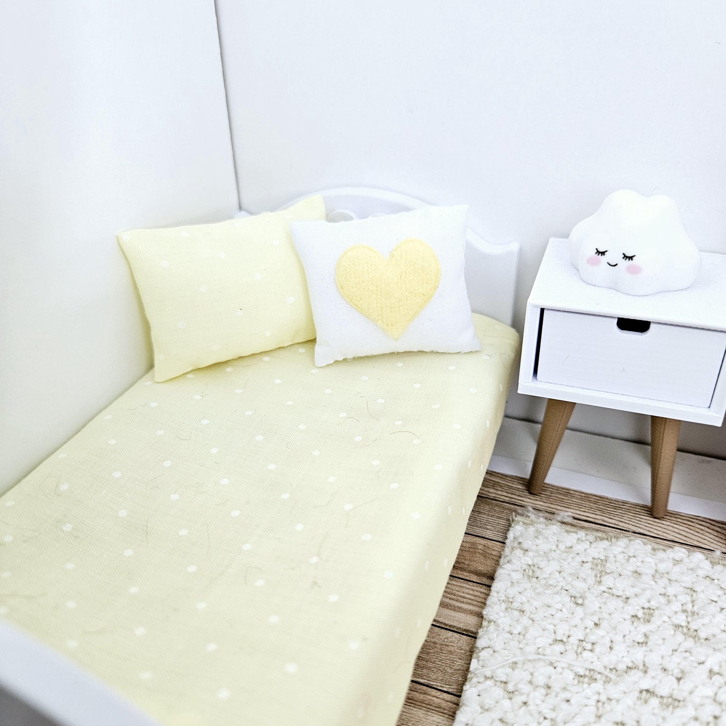 Dolls house Junior bedding, Yellow polka dot design, 12th scale bedding, miniature bed set