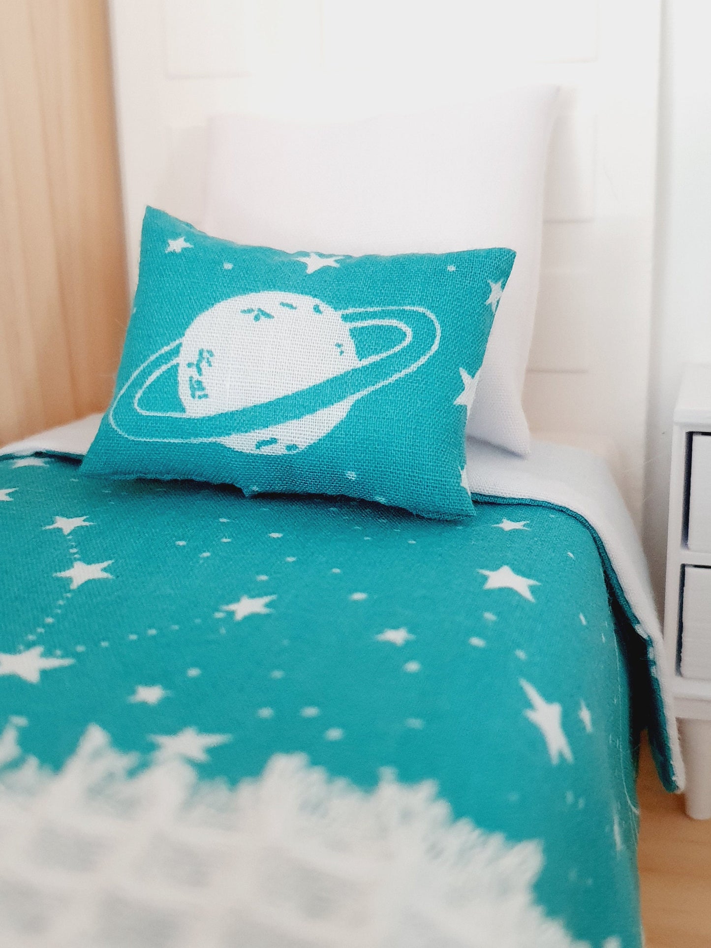 Dolls House Teal Space Planet Star Bedding - Single 4 Piece Set, 12th Scale Miniature bedding