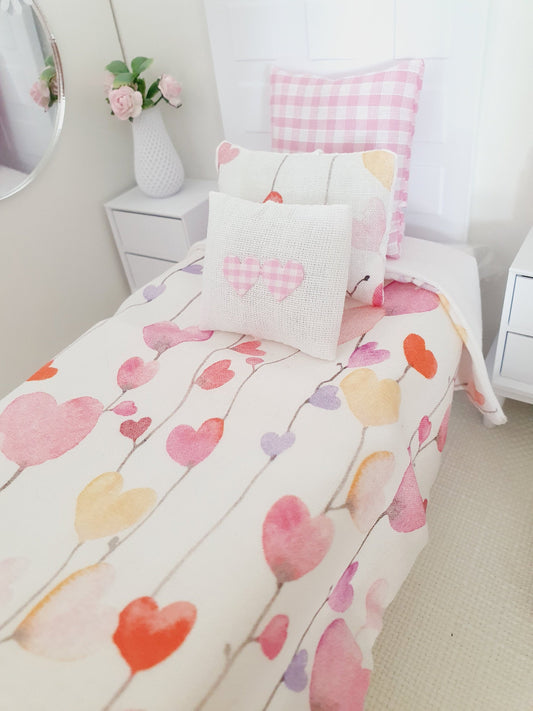 Dolls house Single bedding, pretty heart design, 12th scale bedding, miniature bed set