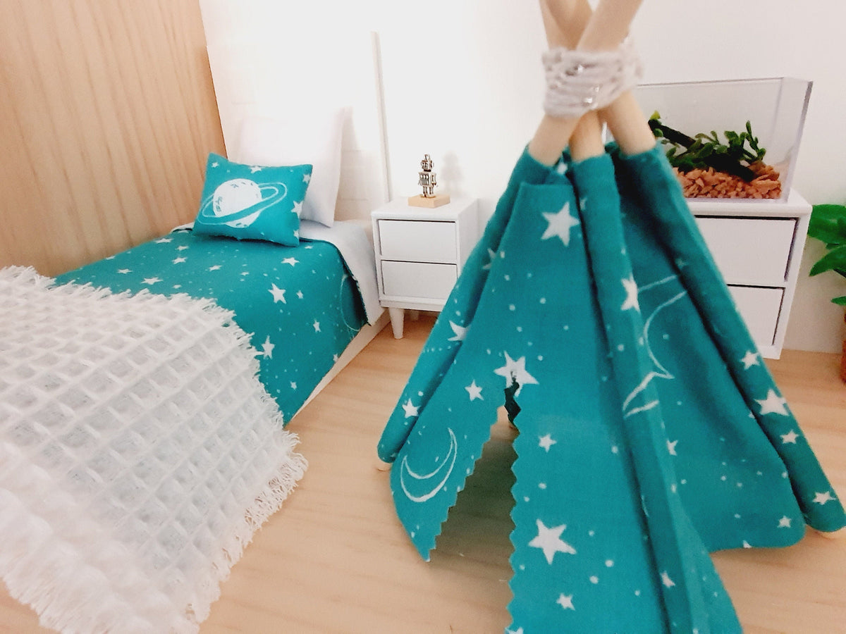 Dolls House Teal Space Planet Star Bedding - Single 4 Piece Set, 12th Scale Miniature bedding