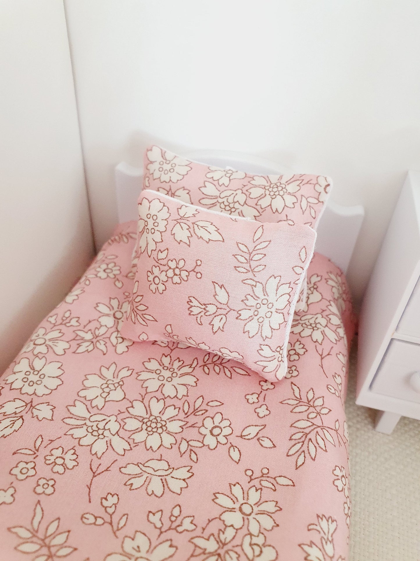 Dolls House Junior Bedding Set – Liberty Capel Pink, Handmade in England, 1:12 Scale
