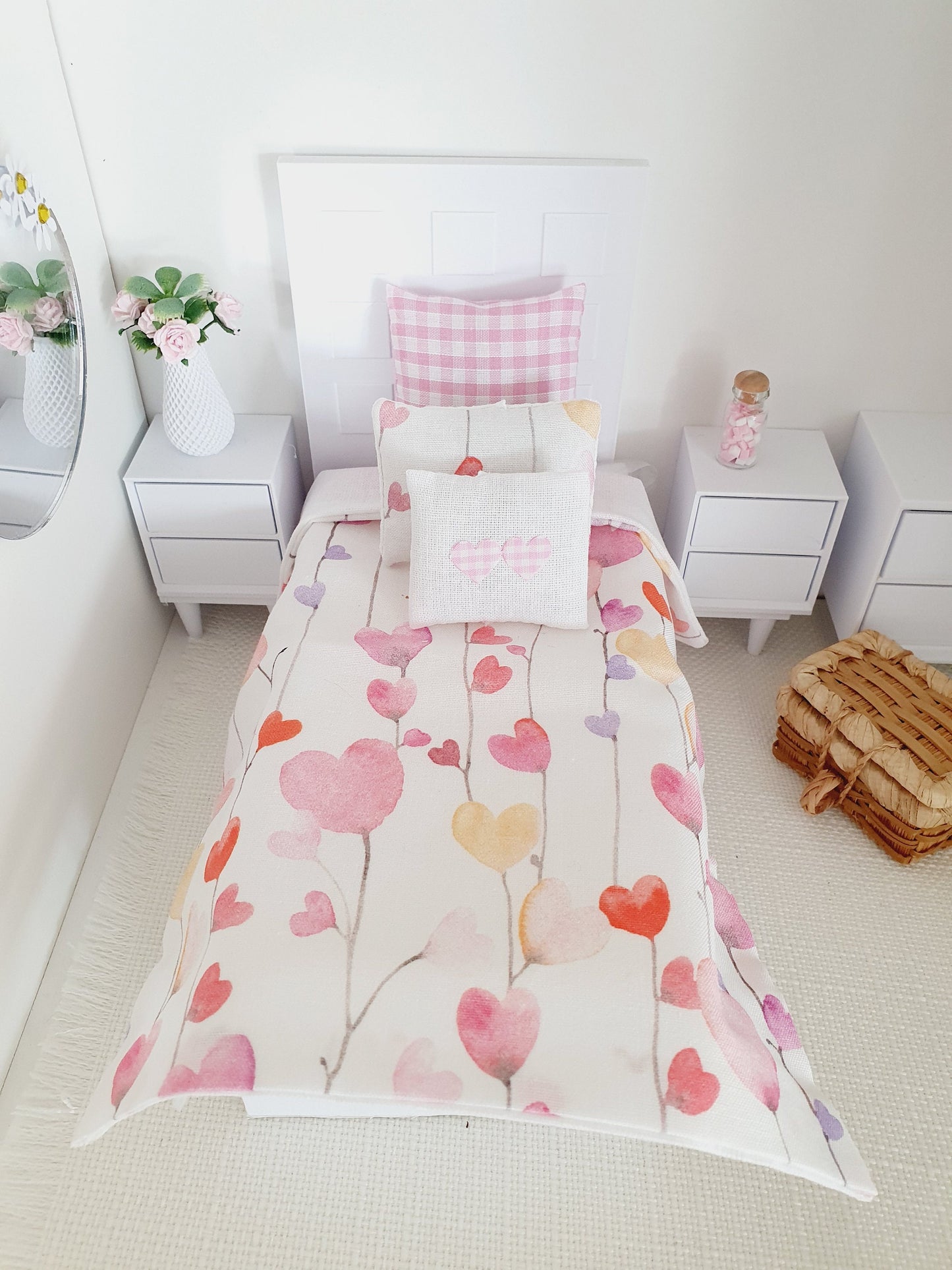 Dolls house Single bedding, pretty heart design, 12th scale bedding, miniature bed set