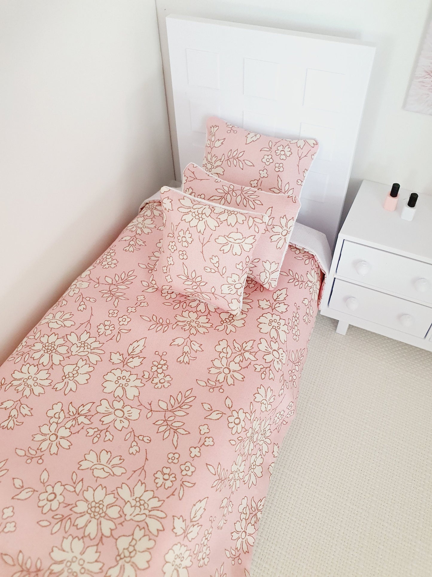 Dolls House Junior Bedding Set – Liberty Capel Pink, Handmade in England, 1:12 Scale
