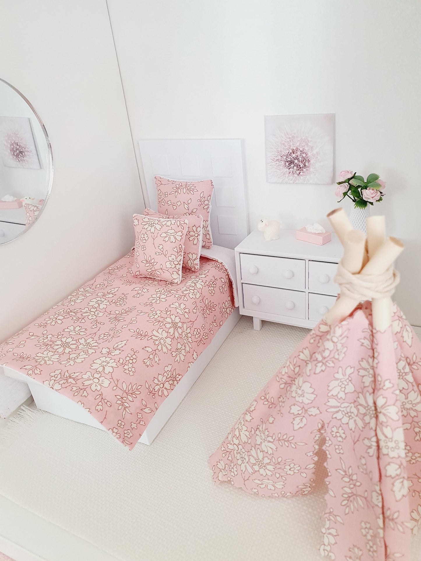 Dolls House Junior Bedding Set – Liberty Capel Pink, Handmade in England, 1:12 Scale