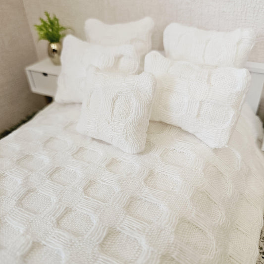 Dolls house 6 piece set, Pretty Waffle White double bedding set, 12th scale, miniature bedding