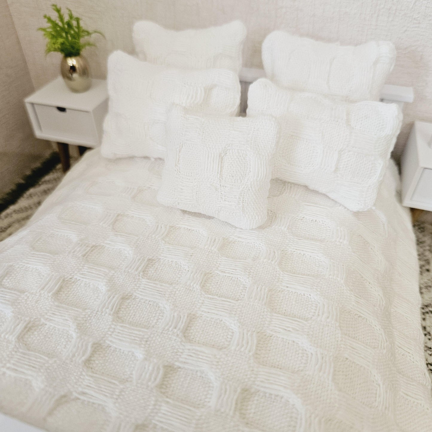 Dolls house 6 piece set, Pretty Waffle White double bedding set, 12th scale, miniature bedding