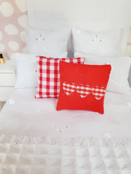 Dolls house 2x cushions, 1x Red check & 1x Red with Red check Love Hearts, 12th scale cushions, miniature cushions