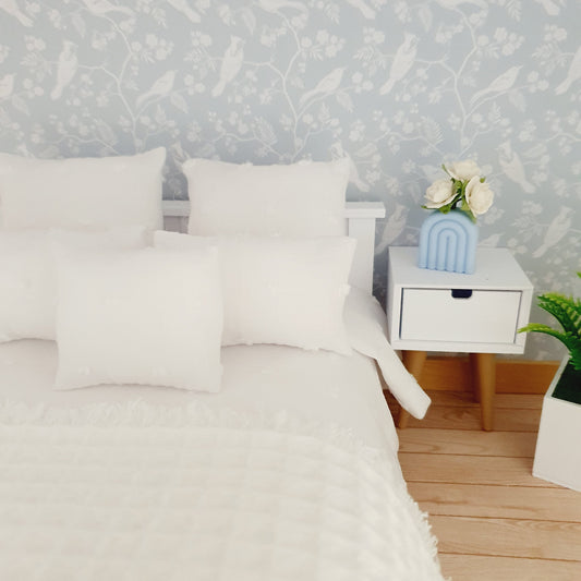 Dolls house 7 piece set, Pretty White double bedding set, 12th scale, miniature bedding