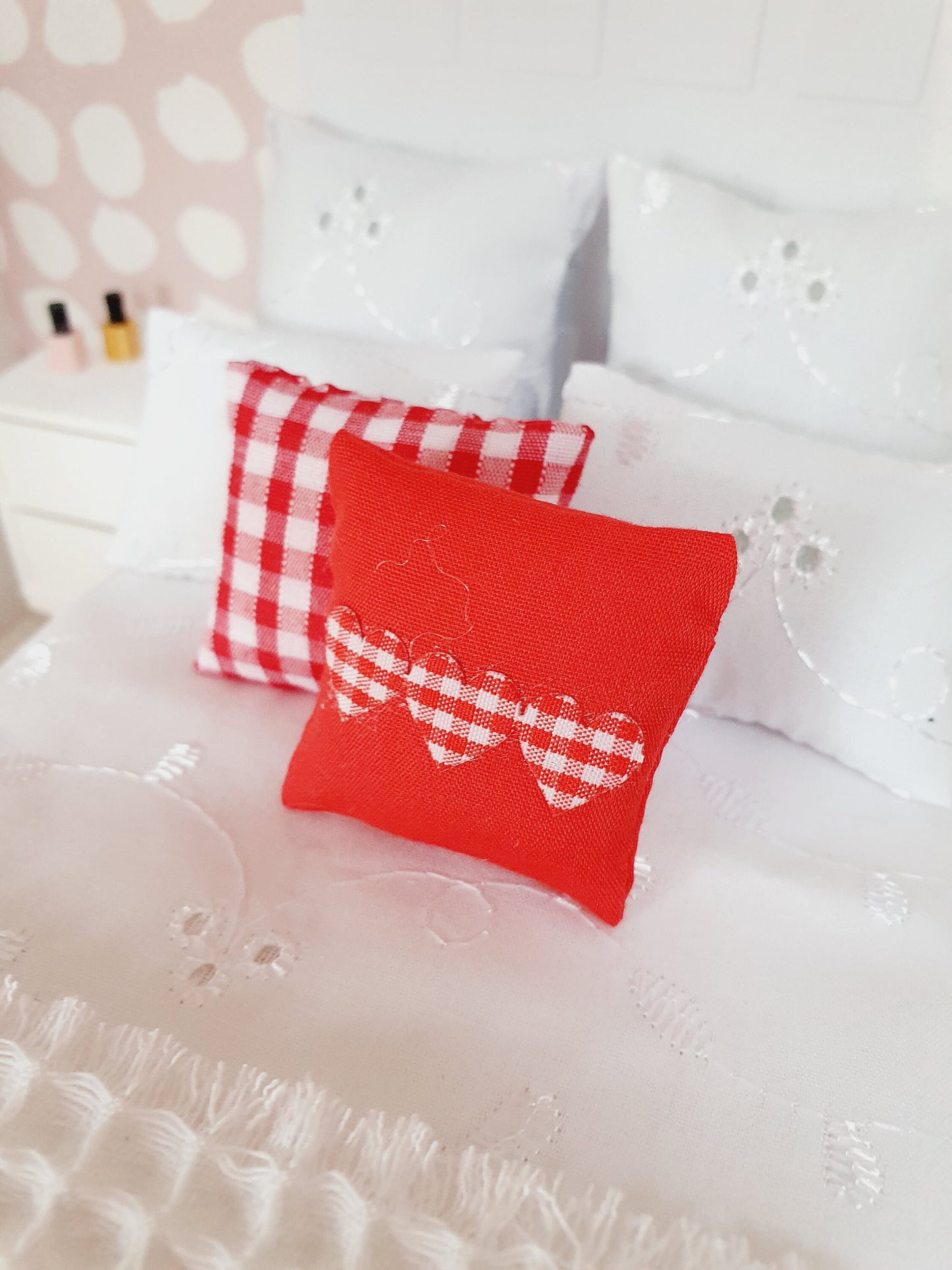 Dolls house 2x cushions, 1x Red check & 1x Red with Red check Love Hearts, 12th scale cushions, miniature cushions