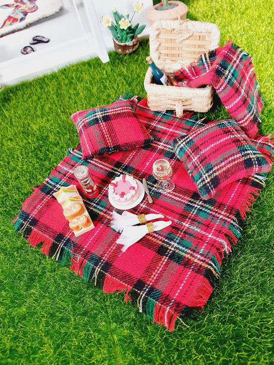 Dolls House Picnic Rug, Throw and Floor Cushions | 1:12th Scale | Miniature blanket