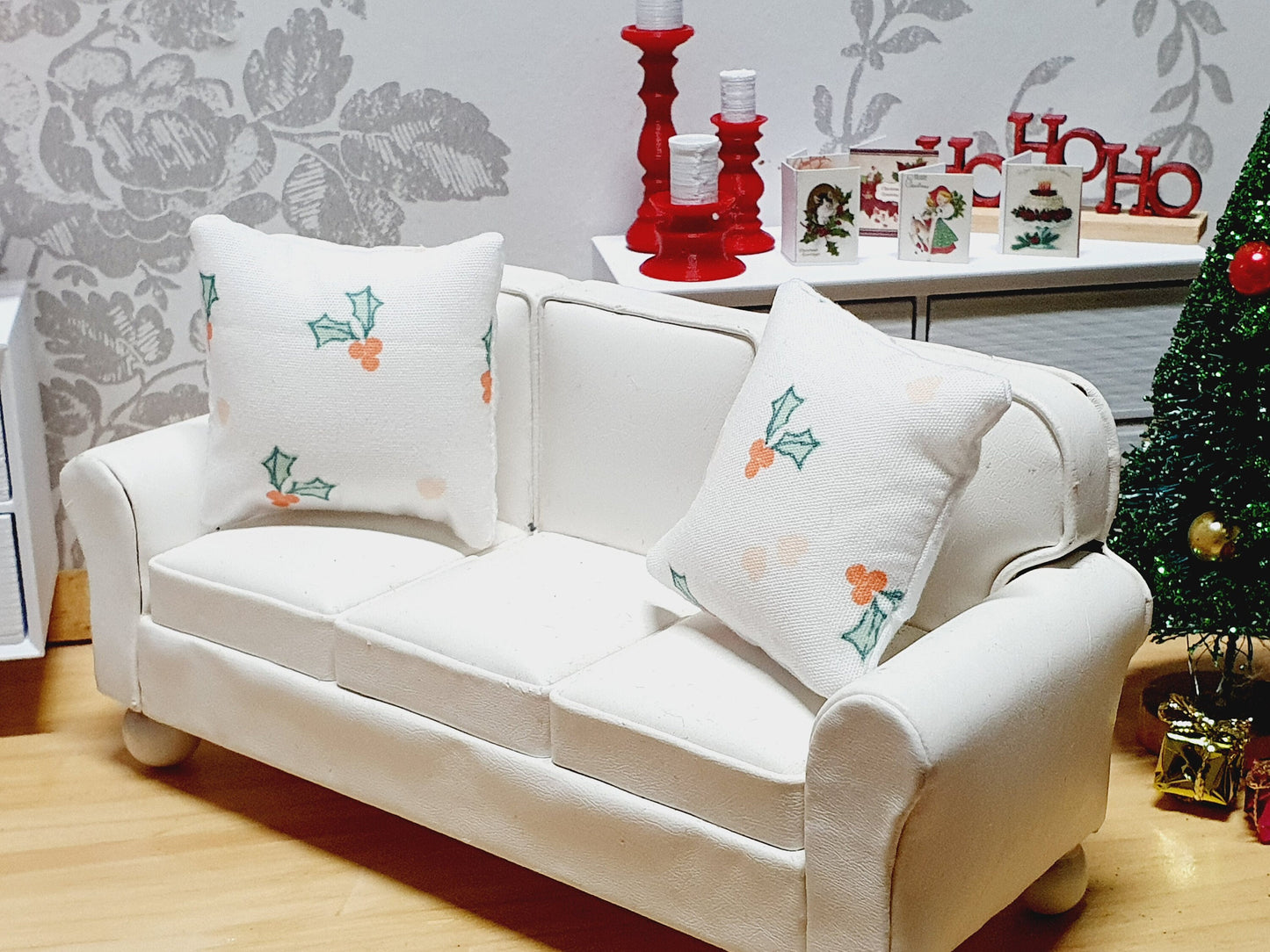 Dolls house Christmas Holly cushion Pair, 12th scale cushions, miniature cushions