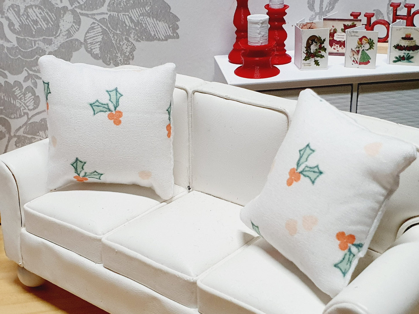 Dolls house Christmas Holly cushion Pair, 12th scale cushions, miniature cushions