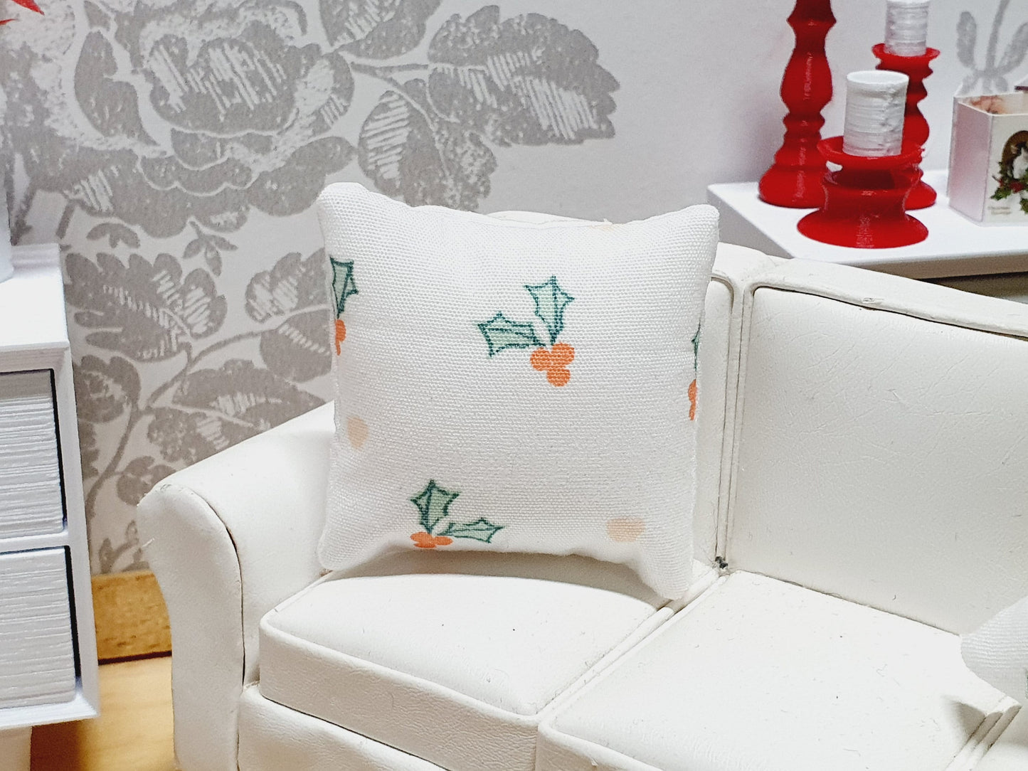 Dolls house Christmas Holly cushion Pair, 12th scale cushions, miniature cushions