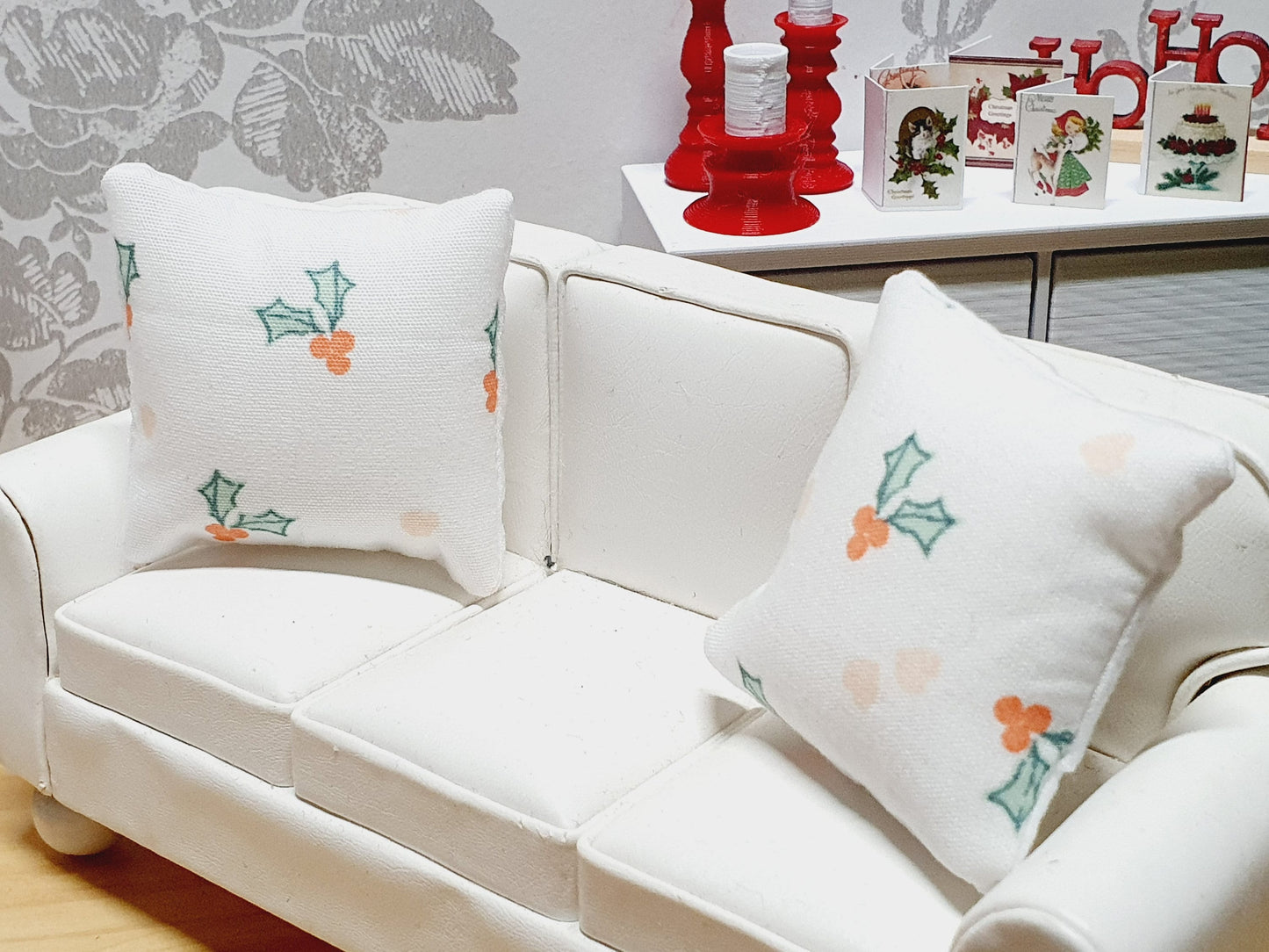 Dolls house Christmas Holly cushion Pair, 12th scale cushions, miniature cushions