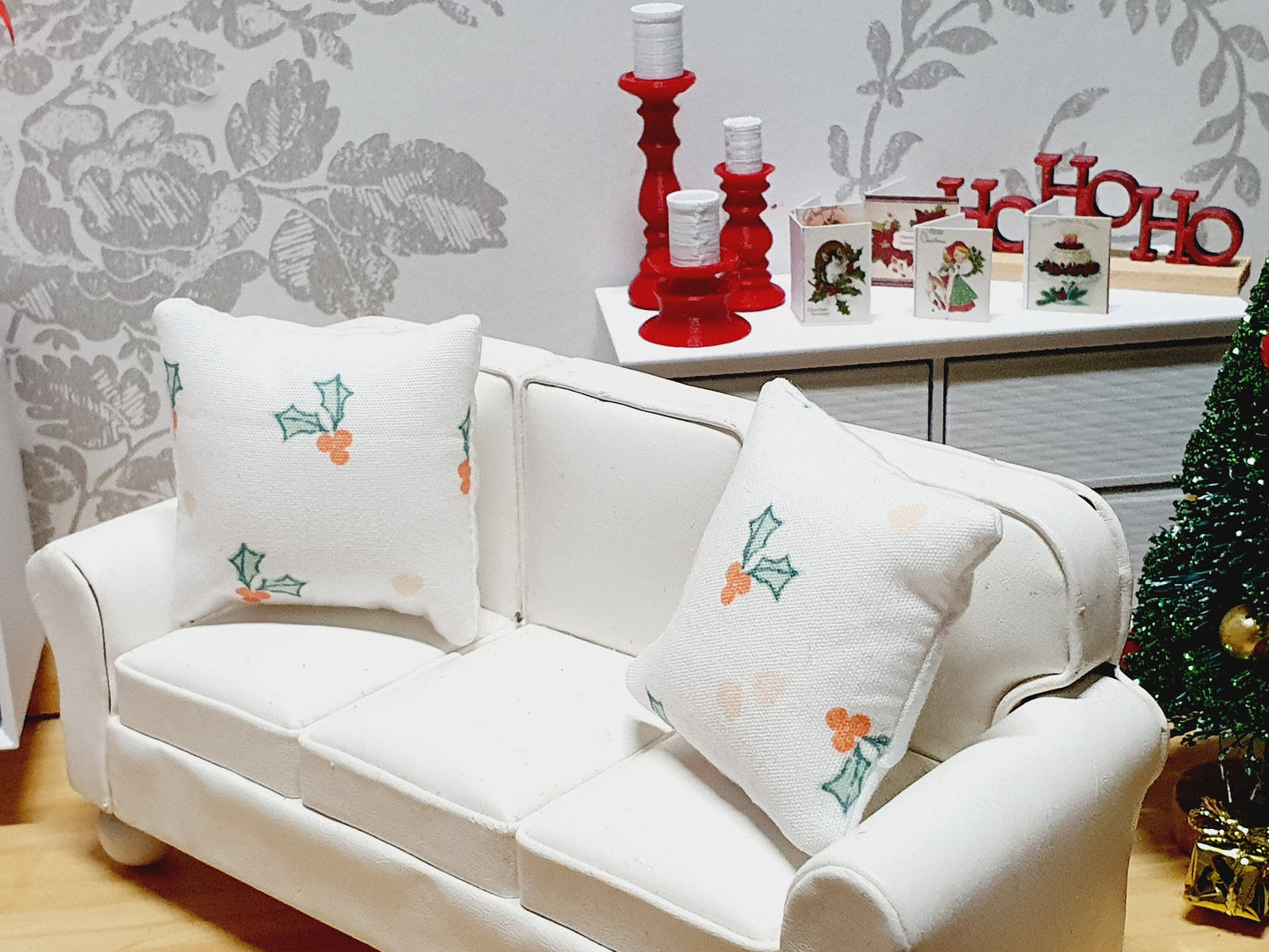 Dolls house Christmas Holly cushion Pair, 12th scale cushions, miniature cushions