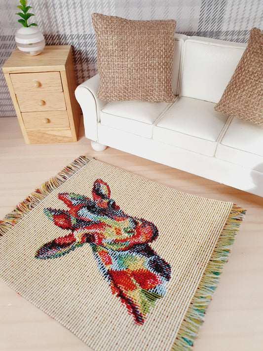 Dolls House Beige Rug with Colourful Giraffe | Linen Look Rug | 1:12th Scale