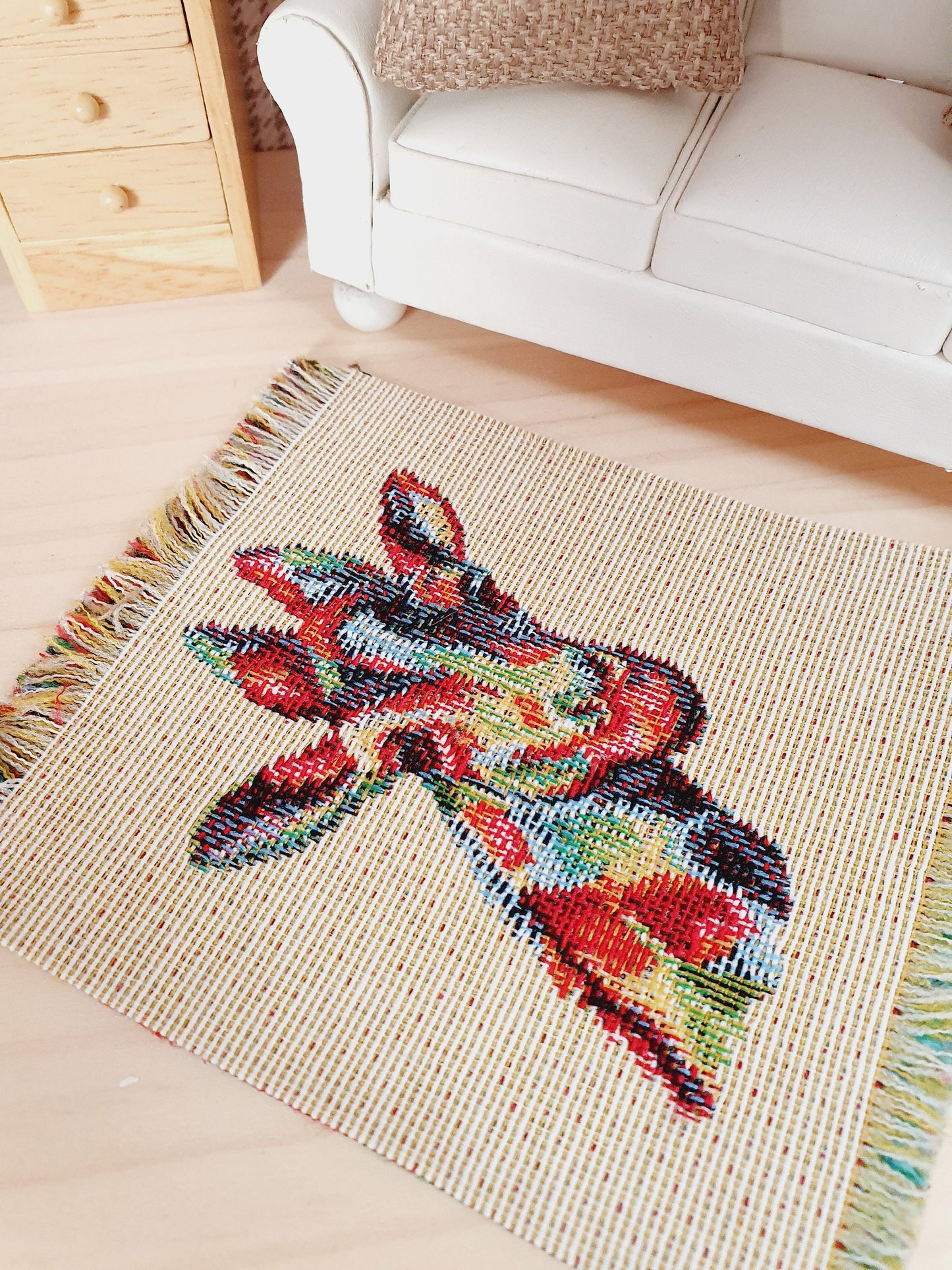 Dolls House Beige Rug with Colourful Giraffe | Linen Look Rug | 1:12th Scale