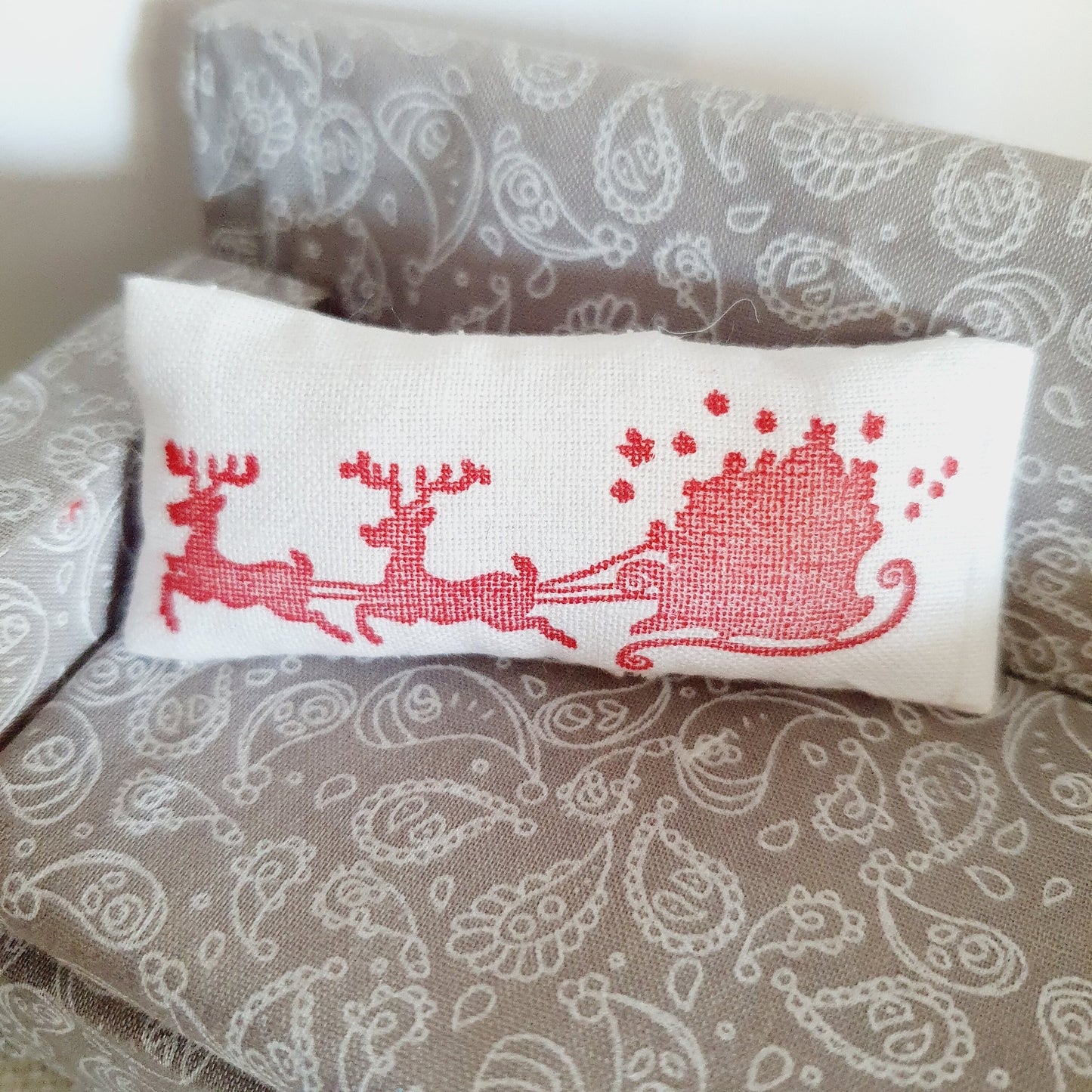 Dolls house Christmas Santa and Sleigh Cushion, 12th scale cushions, miniature cushion