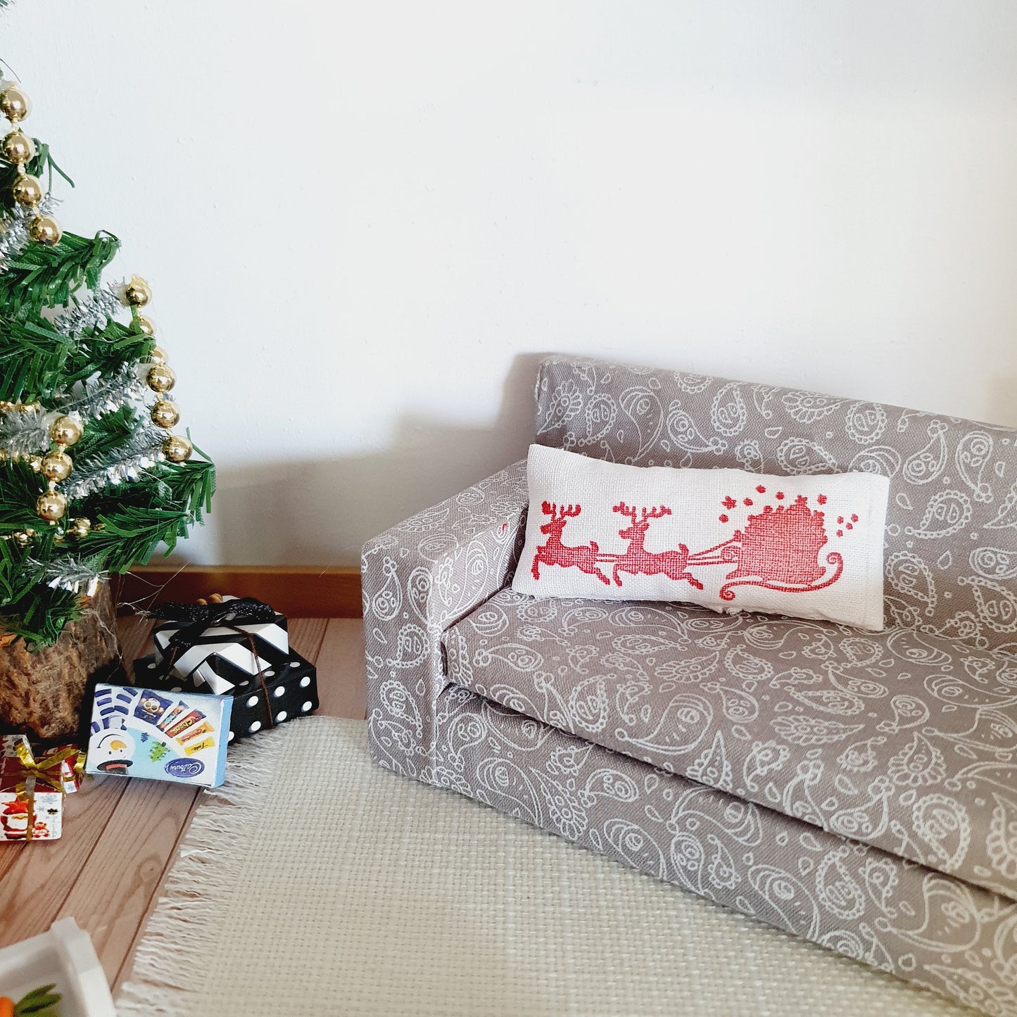 Dolls house Christmas Santa and Sleigh Cushion, 12th scale cushions, miniature cushion