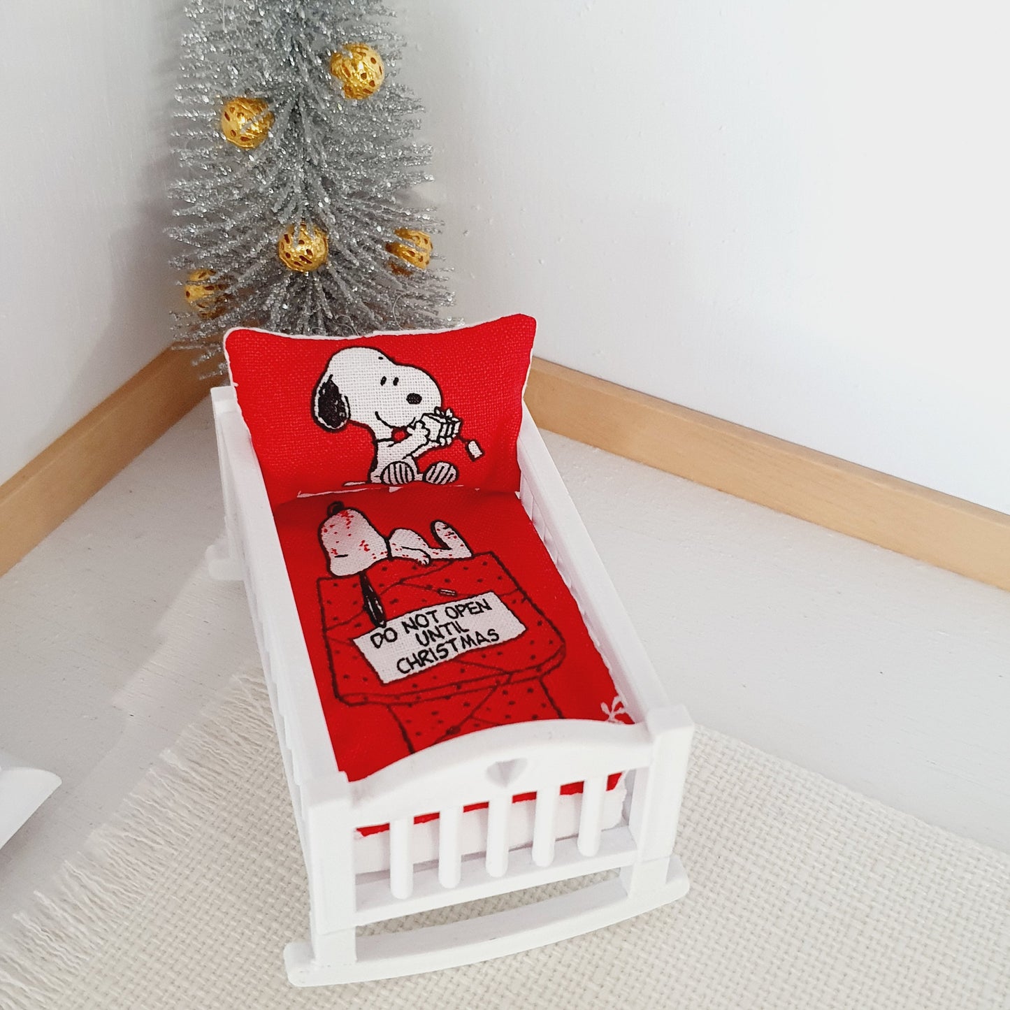 Dolls House Christmas Crib Bedding, Cute little snoopy, 12th scale miniature bedding