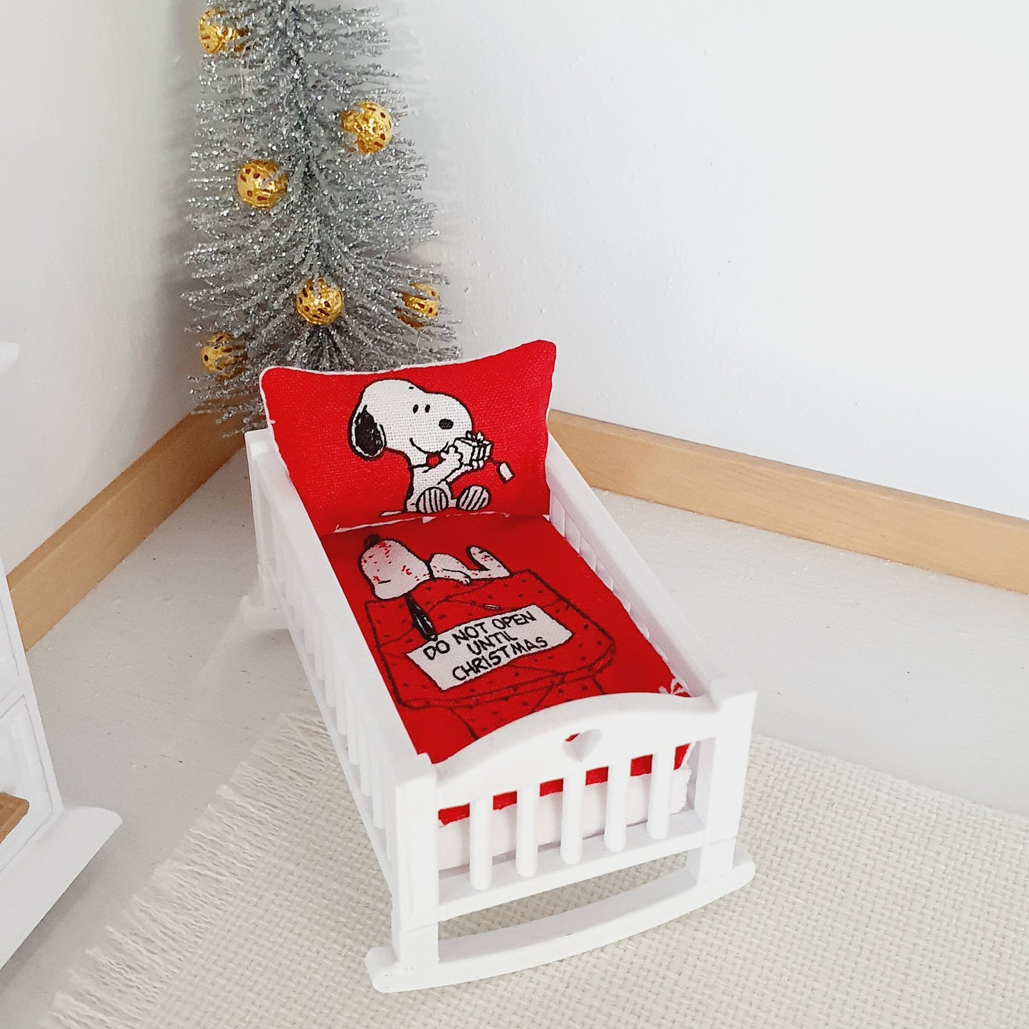 Dolls House Christmas Crib Bedding, Cute little snoopy, 12th scale miniature bedding
