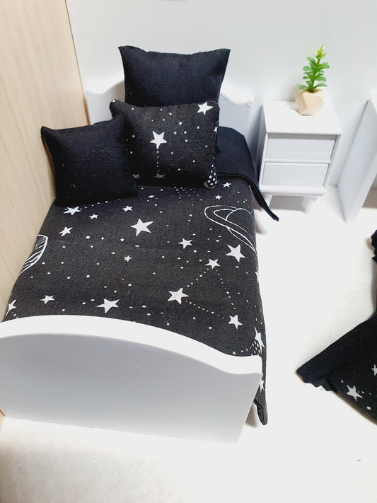 Dolls house Black Space Planet Stars bedding Single Set, 12th scale bedding, miniature bed set
