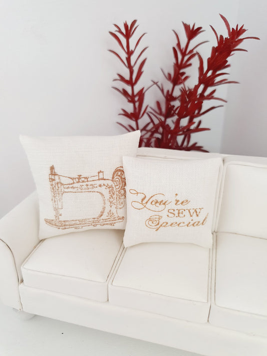 Dolls house Pair of Cream & Gold Sewing Room Cushions, 12th scale cushions, miniature cushions