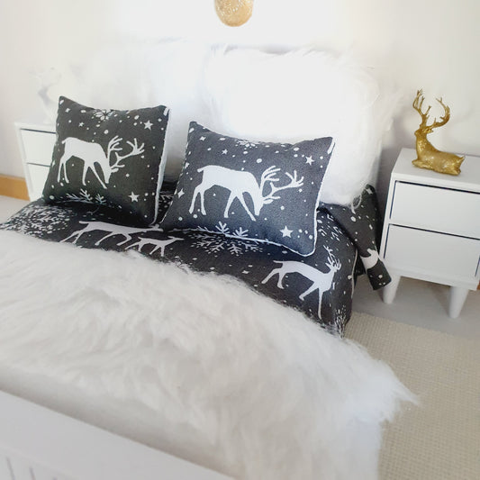 Dolls house Lovely Christmas 6 piece Stag Double Bedding set, Soft Snowy White Fur Cushions & Throw, 12th scale bedding, miniature bed set