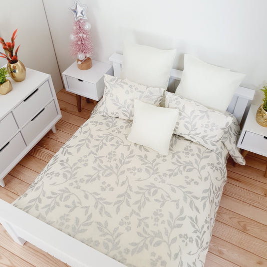 Dolls House Christmas 6 piece bedding set, Double bedding, Cream with silver leaves, 12th scale bedding, miniature bed set
