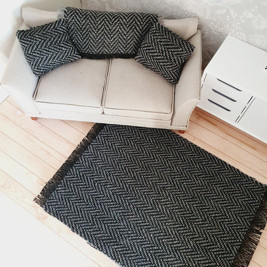 Dolls House Black Herringbone Rug | 1:12th Scale | Miniature Rug