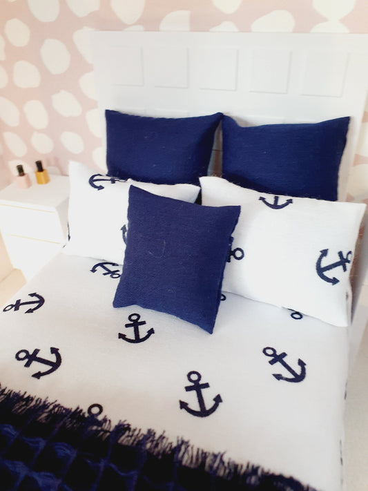 Dolls house Nautical 6 piece set, Double bedding, Navy & White double bedding set, 12th scale bedding, miniature bed set