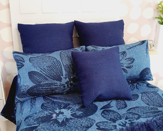 Dolls house Navy Floral 6 piece set, Double bedding, pretty navy flowers, 12th scale bedding, miniature bed set (BD37)