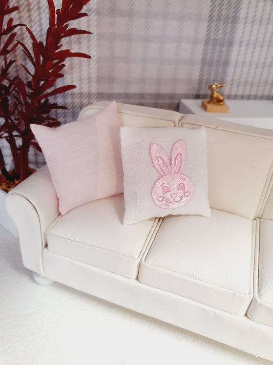 SALE!! Dolls house 2x Easter cushions, 1x Plain & 1x white with pink or lilac bunny, 12th scale cushions, miniature cushions
