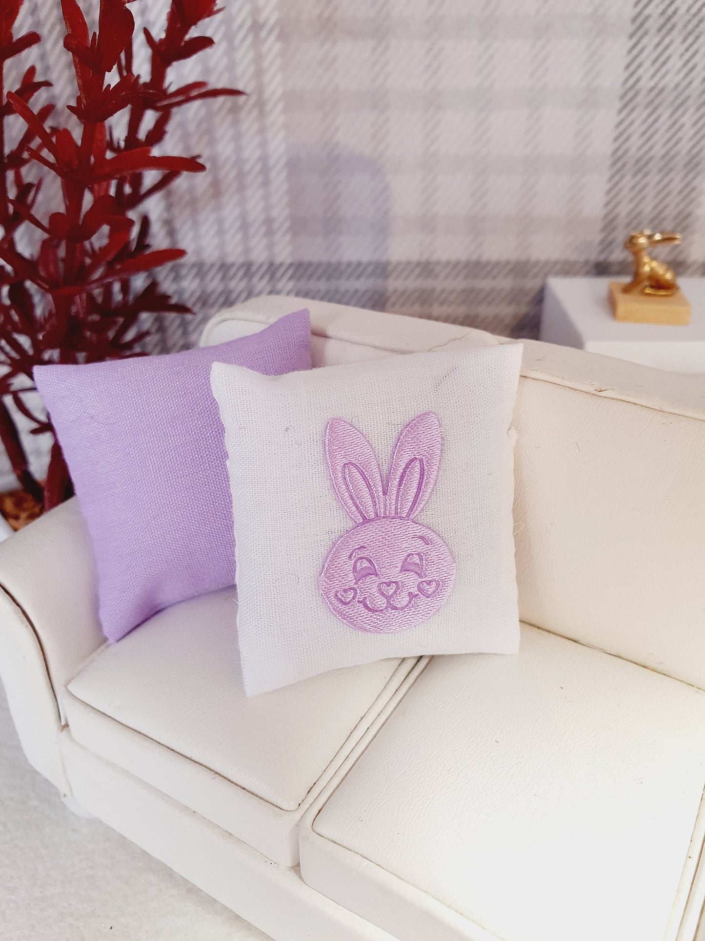 SALE!! Dolls house 2x Easter cushions, 1x Plain & 1x white with pink or lilac bunny, 12th scale cushions, miniature cushions