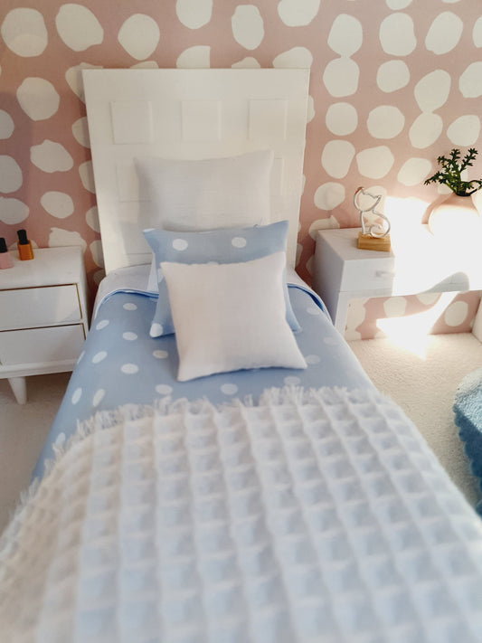 SALE!! Dolls House Single Bedding Set, Pretty Polka Dot Design, Available in Blue, White, Pink, or Lilac – 1:12 Scale Miniature Bed Set
