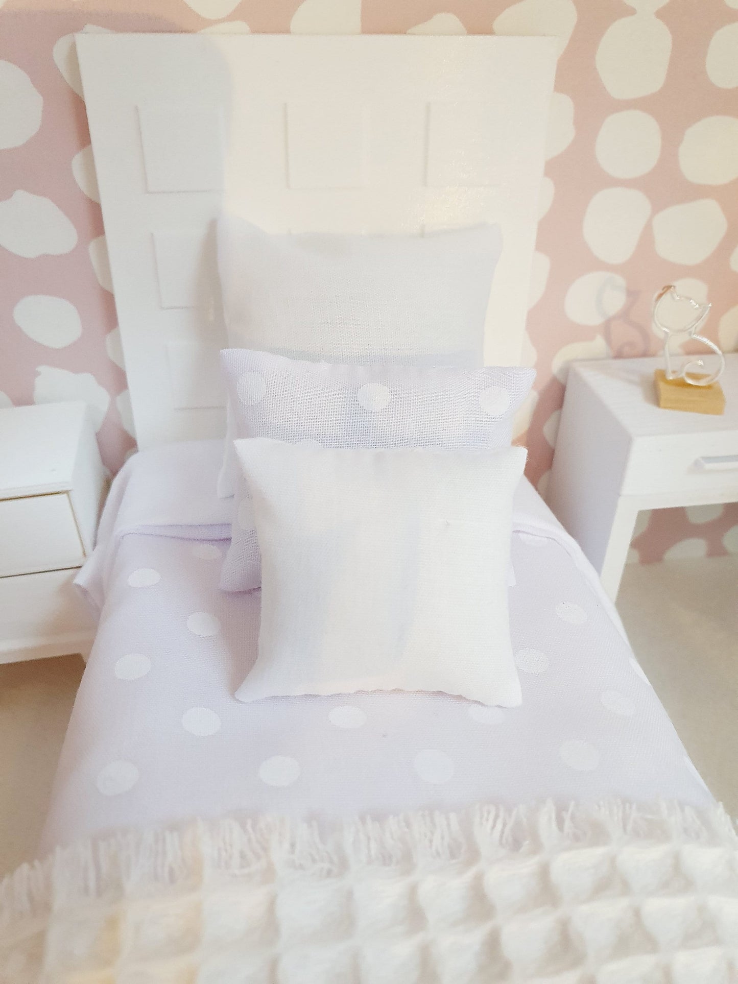 SALE!! Dolls House Single Bedding Set, Pretty Polka Dot Design, Available in Blue, White, Pink, or Lilac – 1:12 Scale Miniature Bed Set