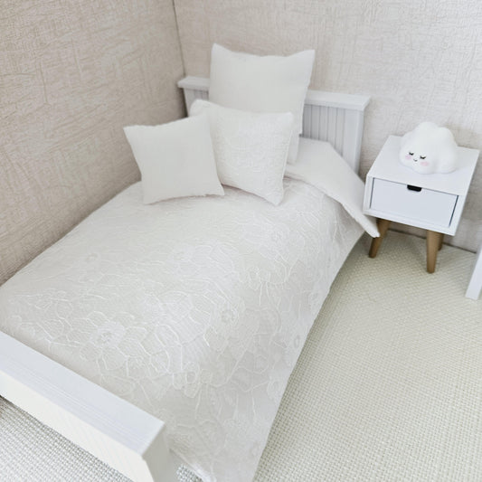 Dolls House White Lace Single bedding 4 Piece Set, 12th scale bedding, miniature bed set