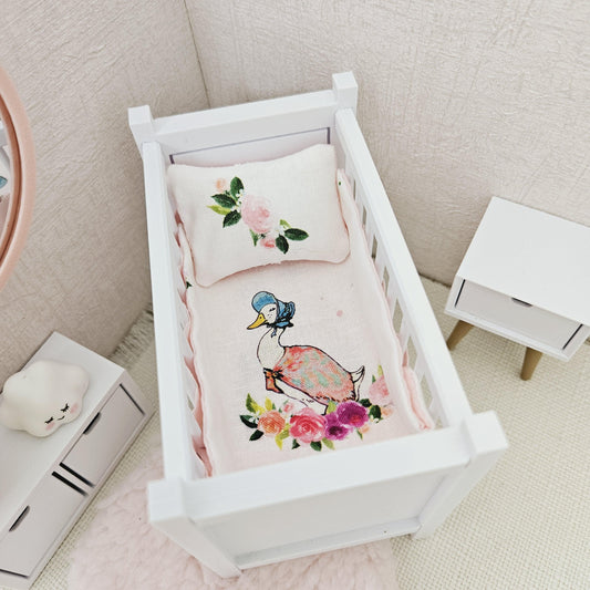 Dolls House Cot Bedding Set – Jemima Puddle Duck Design, Handmade in England, 1:12 Scale