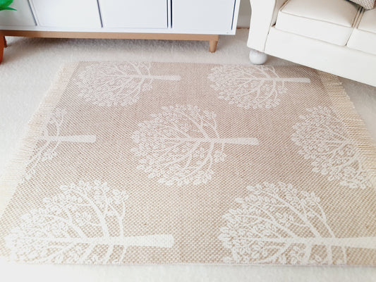 Dolls House Beige with White Trees Linen Look Rug | 1:12th Scale | Miniature Rug