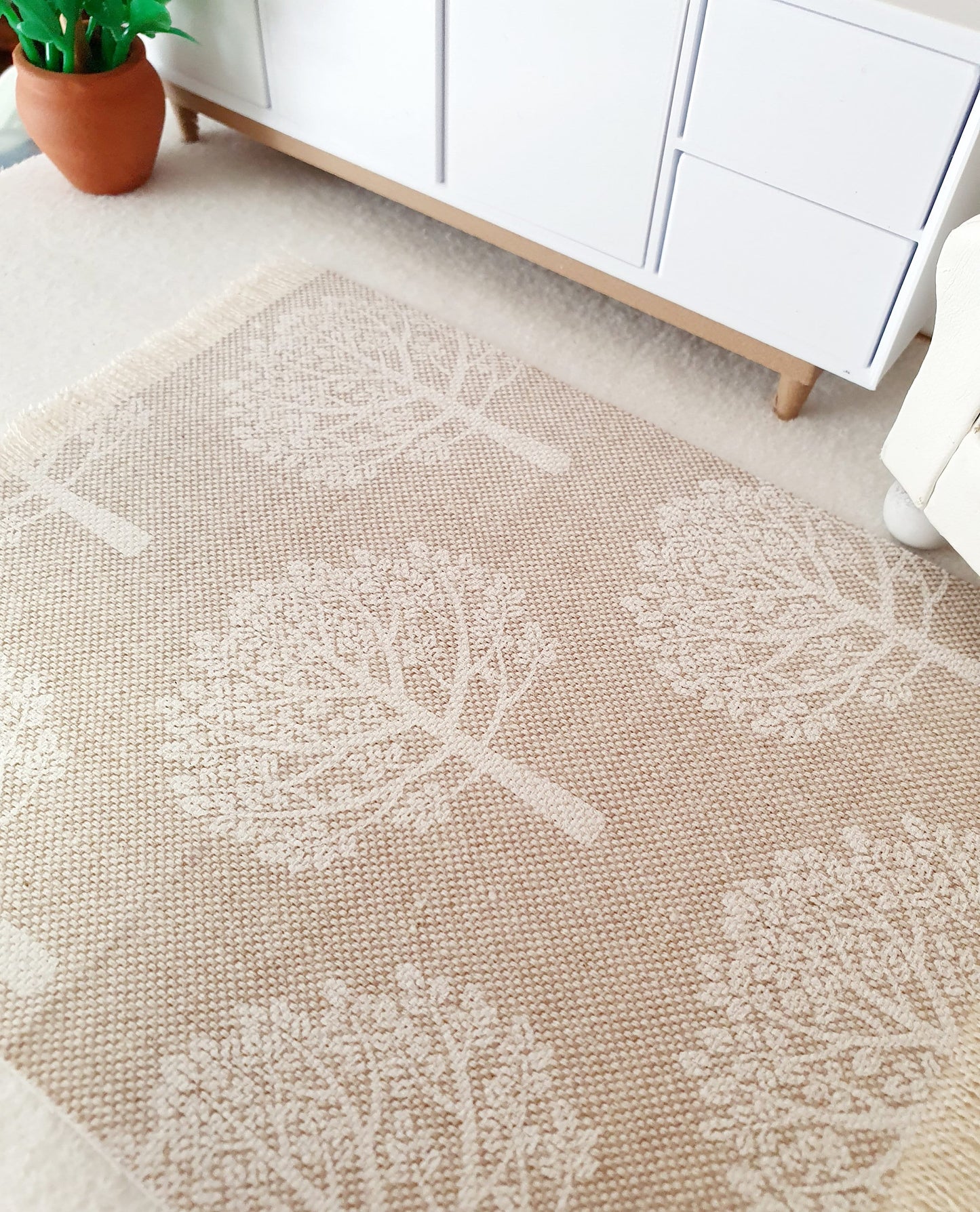 Dolls House Beige with White Trees Linen Look Rug | 1:12th Scale | Miniature Rug