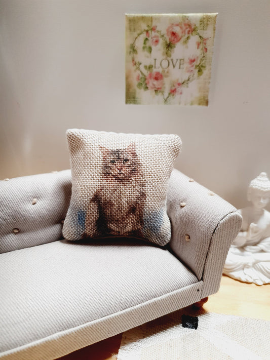 Dolls house Tabby Cat cushion, Cute Little Cat, 12th scale cushions, miniature cushion