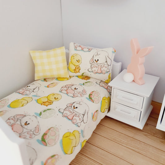 Dolls House Easter Junior Bedding Set – Chicks, Bunnies & Eggs, Handmade in England, 1:12 Scale