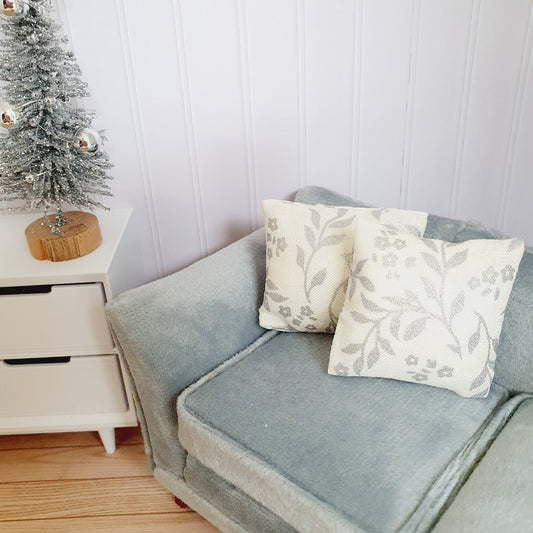 Dolls house Cream with Silver Leaf cushion Pair, 12th scale cushions, miniature cushions
