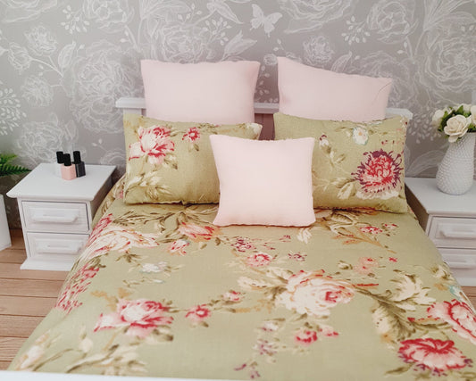 Dolls house Sage Green Floral 6 piece set, Double bedding, pretty flowers, 12th scale bedding, miniature bed set