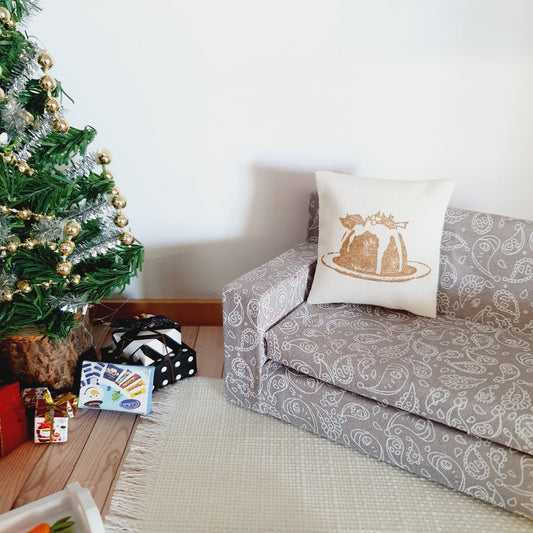 Dolls house Christmas Pudding, Cream with Gold Christmas Pudding cushion, 12th scale cushions, miniature cushion