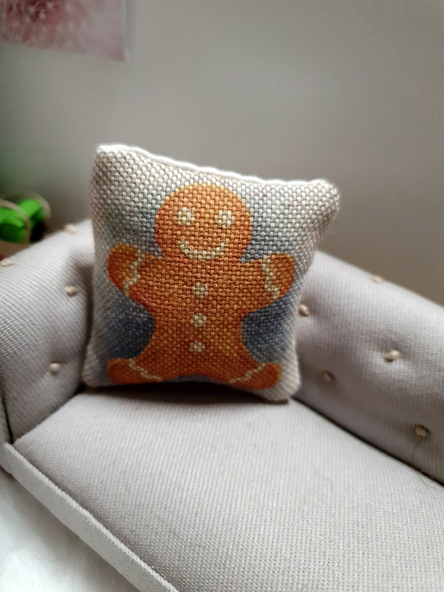 Dolls house Christmas Gingerman Man Cushion, 12th scale cushions, miniature cushions