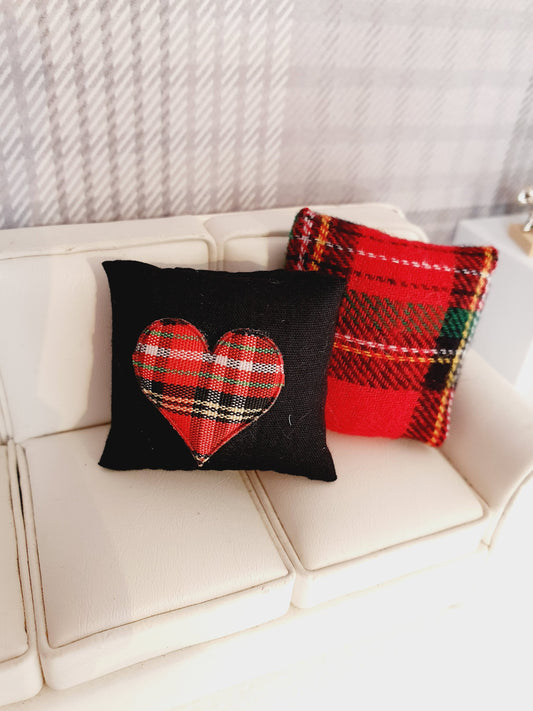 Dolls house Pair of Tartan Cushion | Tartan Heart Cushions | 12th scale cushions, miniature cushions