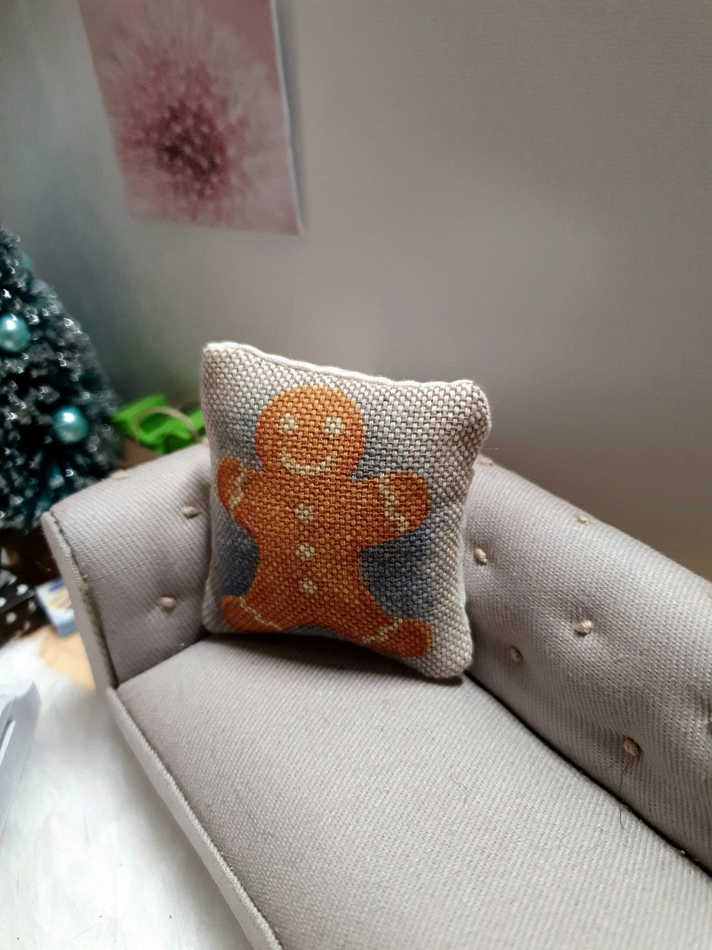 Dolls house Christmas Gingerman Man Cushion, 12th scale cushions, miniature cushions